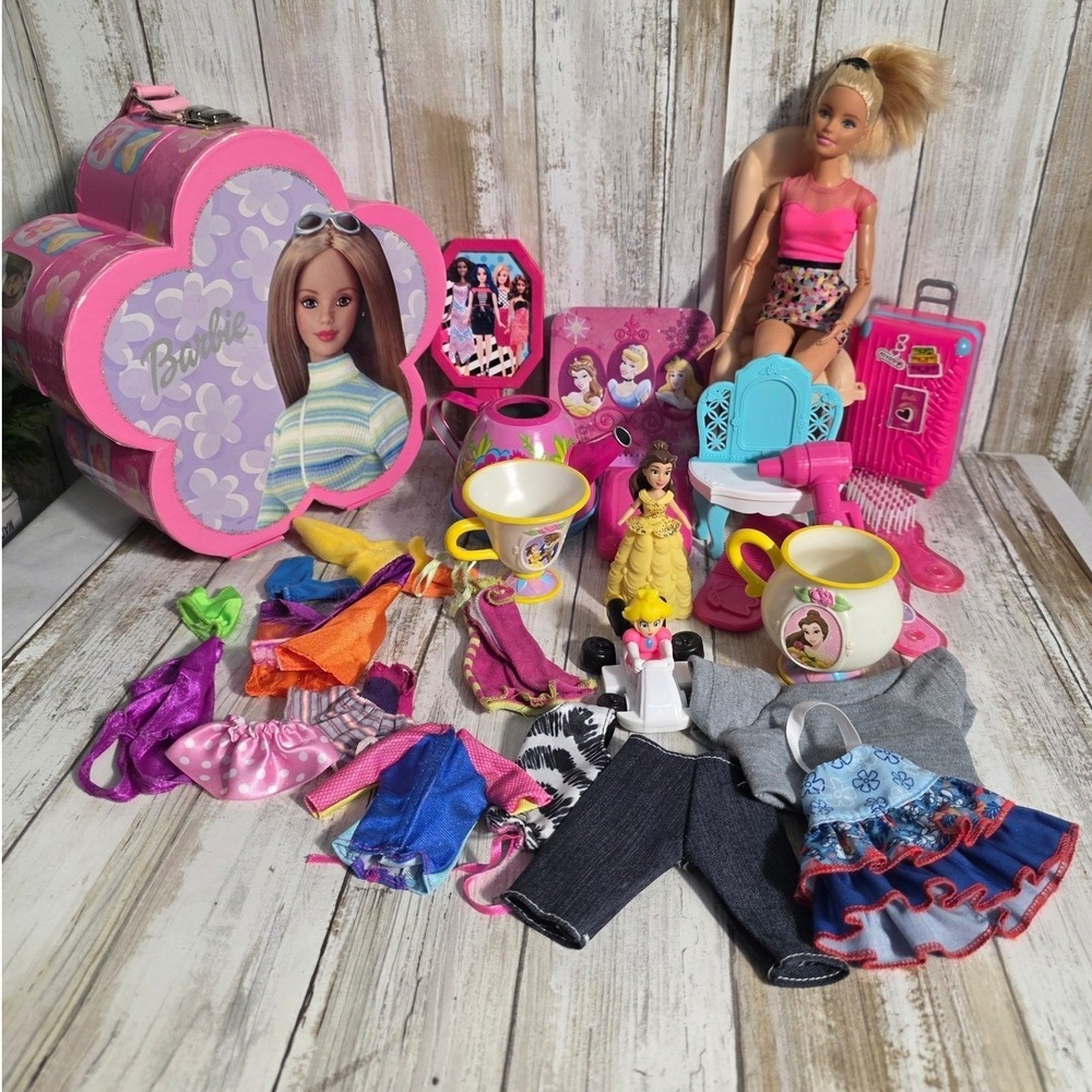 Barbie Doll Lot with Flower Case Clothes Accessories and Disney Princess Belle